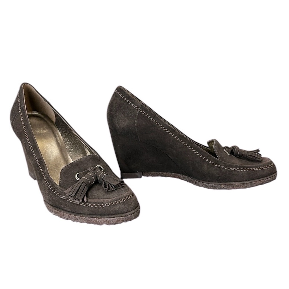 Stuart Weitzman Brown Suede Tassel Wedge Heel Sz 6.5‎ Made in Spain Slip On